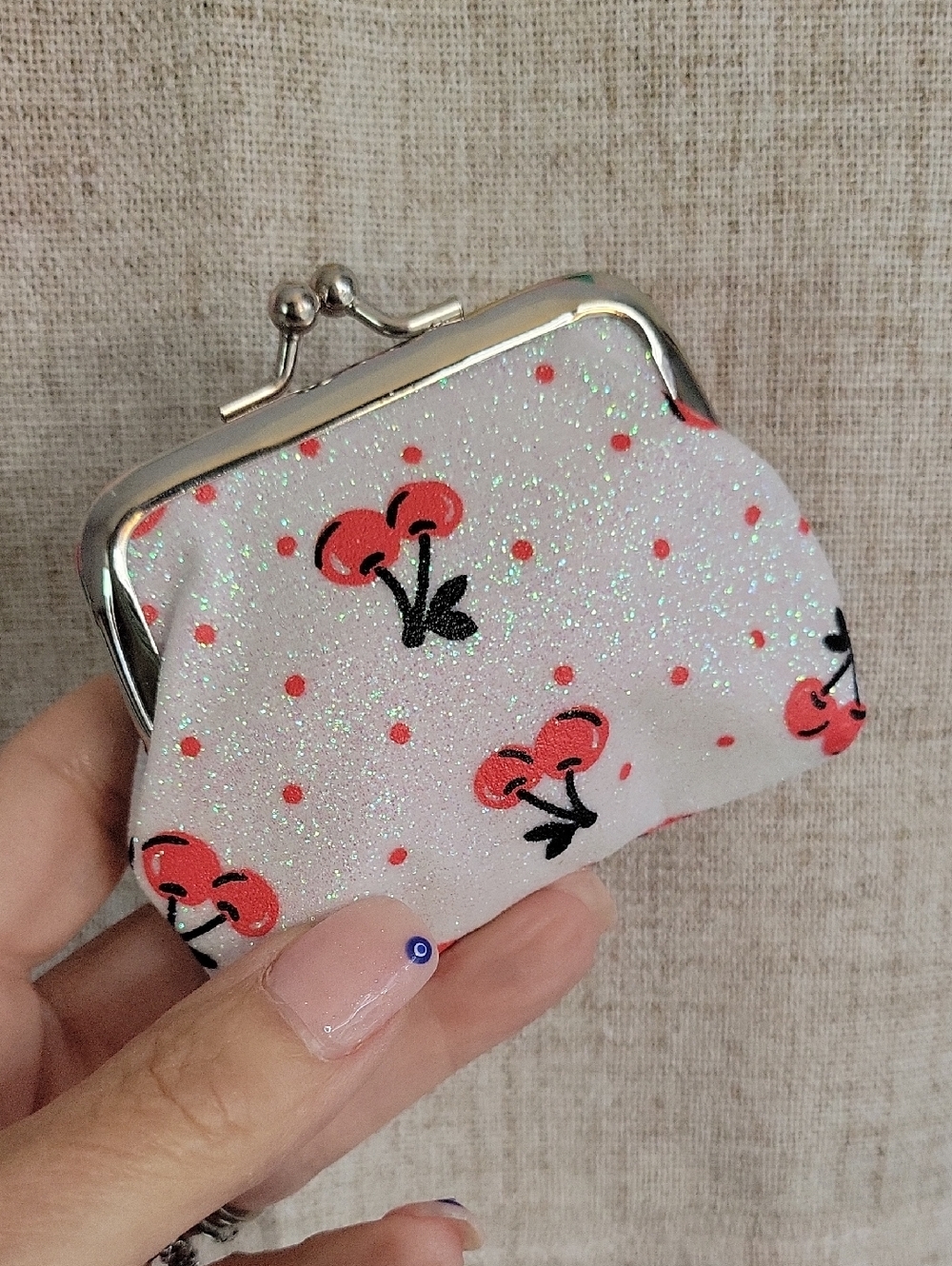 White Sparkle Cherry Kiss-Lock Coin Purse